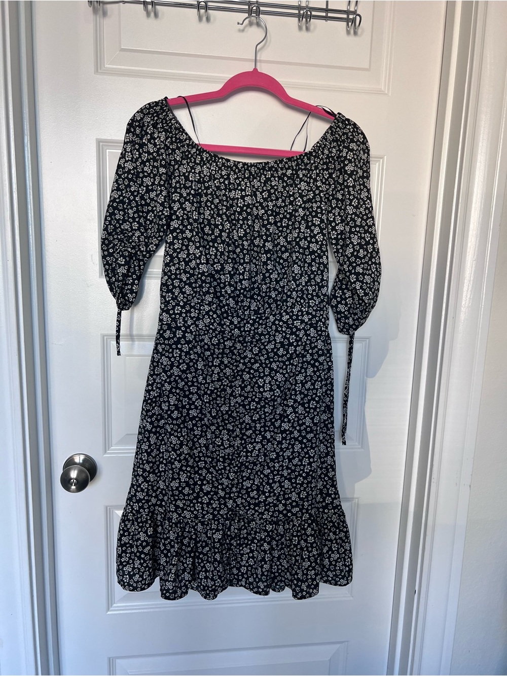 Zara Black Dress with White Floral Print and Yellow Accents